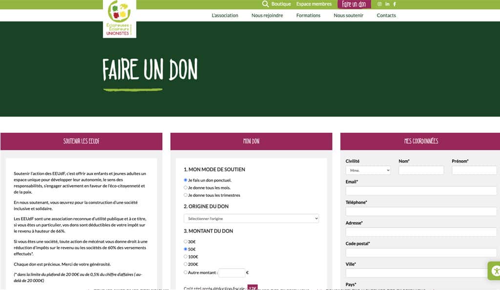 Page de don EEUDF avec formulaire